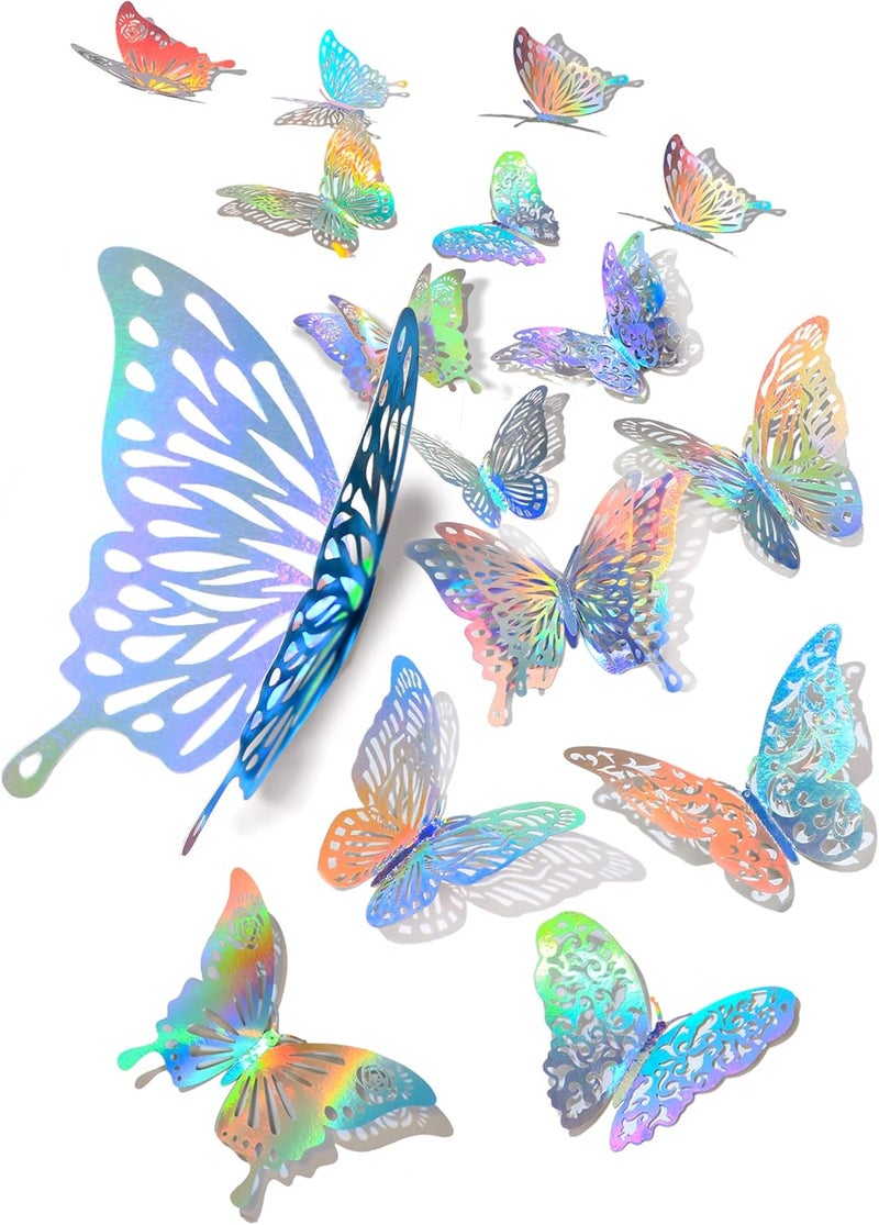 DELEMI 60 Pcs 3D Iridescent Silver Butterfly Wall Stickers, Holographic Decals With 5 Style Decorative Paper Murals for Nursery, Classroom and Glitter Party (Silver) - Image 1